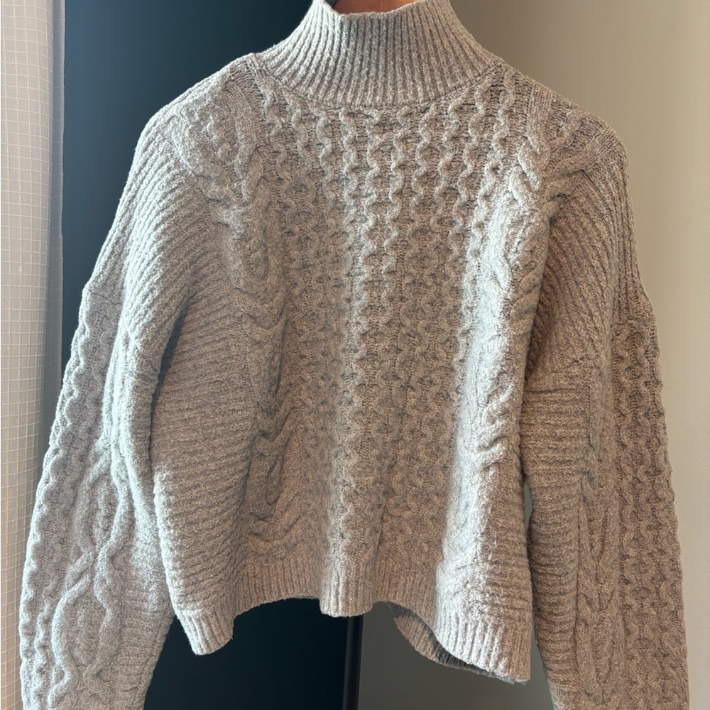 Cozy Gray Cable Knit Turtleneck Sweater